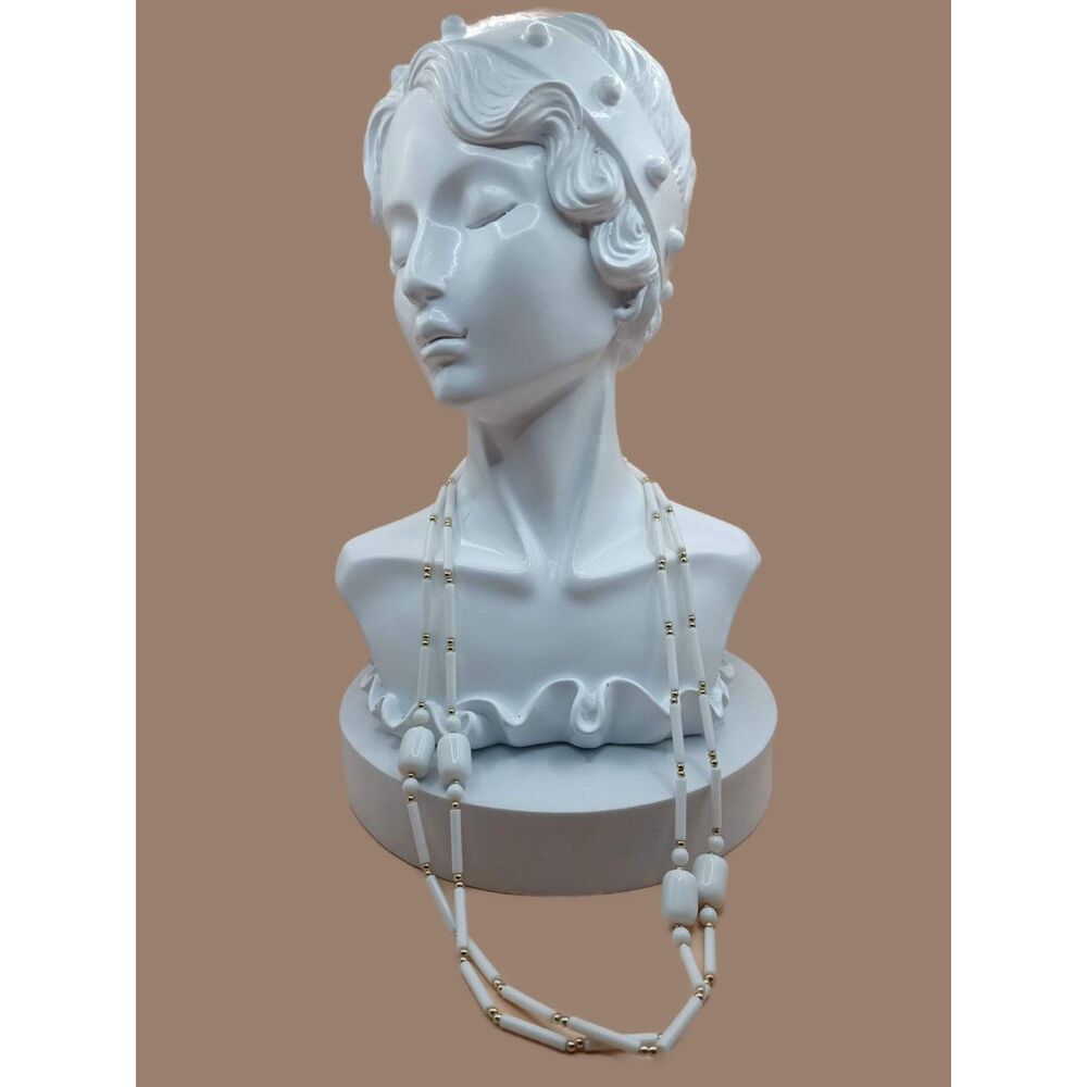 Vintage Double Strand White Beaded Necklace Cylindrical Beads Gold-tone Spacers